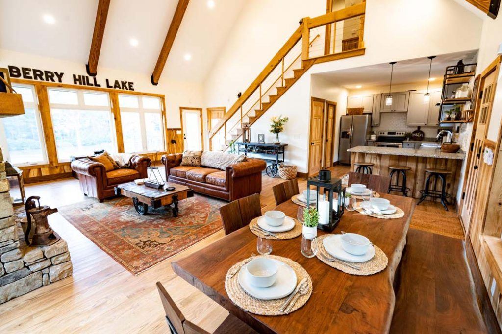 An interior photo of the house showcasing the vaulted ceilings made available through the use of panels. The current owner has the house available for overnight stays.