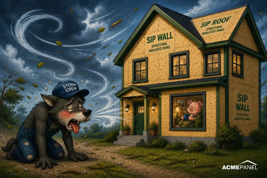 Wolf failing to blow down the SIP constructed house in the three little pigs story