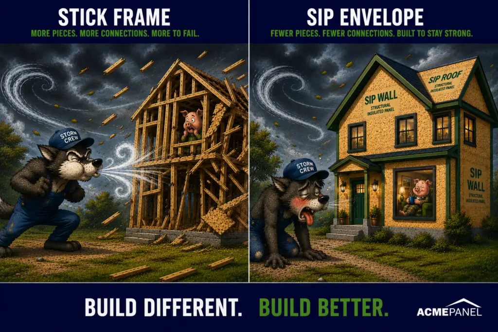 graphic showing wolf blowing sticks versus wolf blowing sticks in three little pigs story