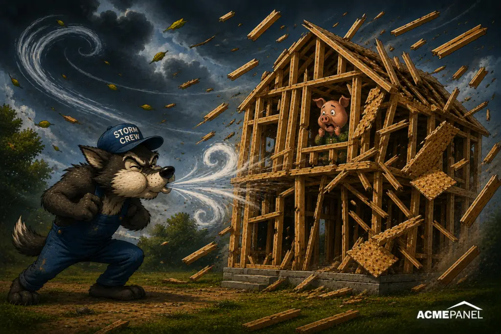 Wolf blowing down a stick framed house in the three little pigs