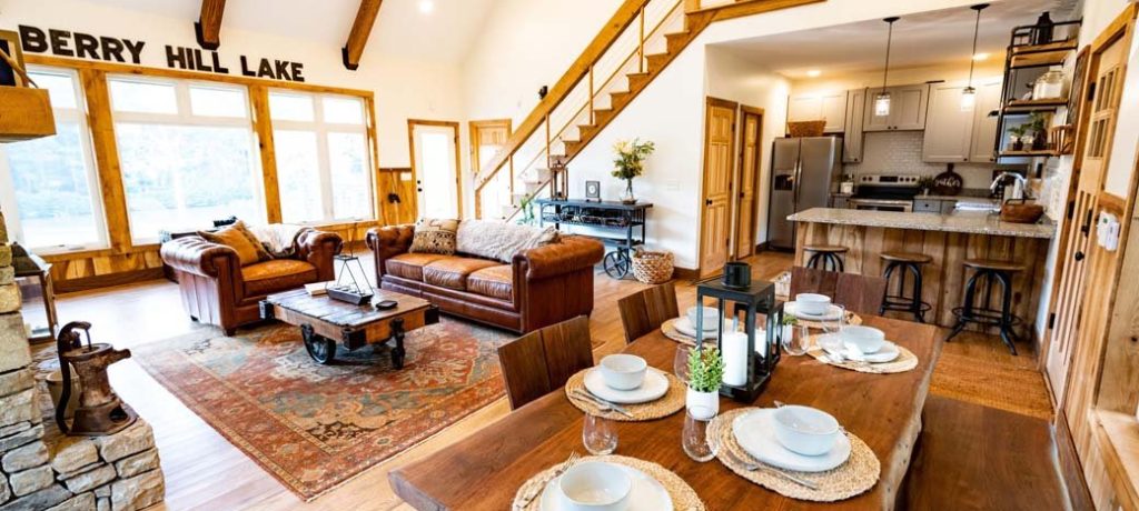 An interior photo of the house showcasing the vaulted ceilings made available through the use of panels. The current owner has the house available for overnight stays.