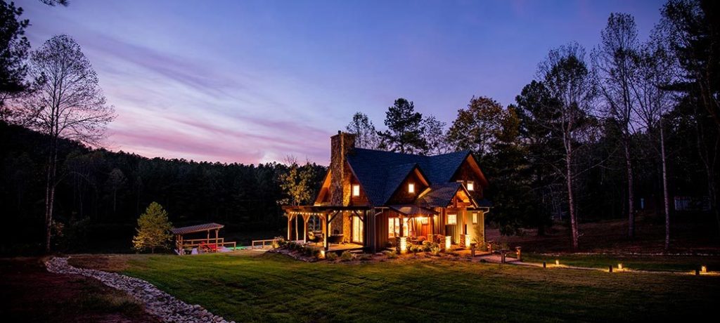 finished exterior at night of SIP cabin